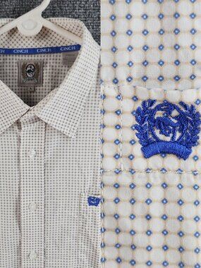 Cinch Large Geometric Pattern Blue White Beige Long Sleeve Button Up Embroidered